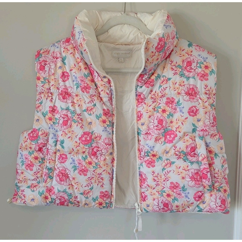 Simply Southern Puffer Vest Pink Floral Preppy Crop Womens Size Large - Picture 7 of 11
